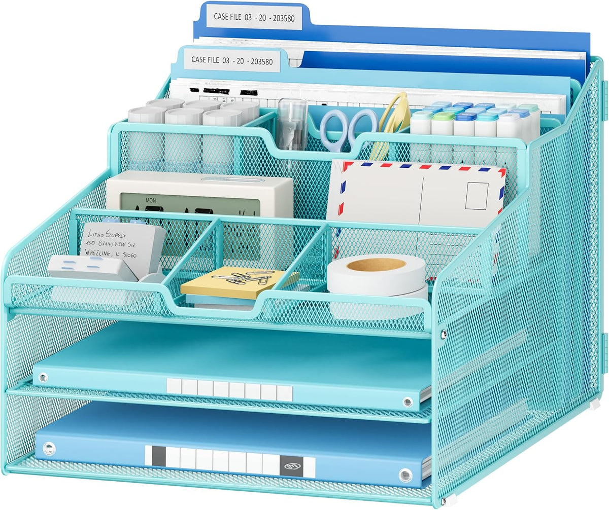 Desk Organizer - Metal Mesh with 2 Paper Letter Trays, 7 Flexible Dividers, 2 Vertical File Holders for Office/Home/Classroom Supplies, Desk Organizers and Accessories, Black