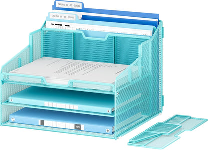 Desk Organizer - Metal Mesh with 2 Paper Letter Trays, 7 Flexible Dividers, 2 Vertical File Holders for Office/Home/Classroom Supplies, Desk Organizers and Accessories, Black