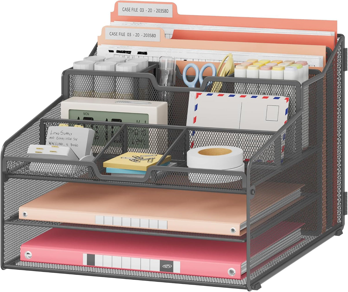 Desk Organizer - Metal Mesh with 2 Paper Letter Trays, 7 Flexible Dividers, 2 Vertical File Holders for Office/Home/Classroom Supplies, Desk Organizers and Accessories, Black
