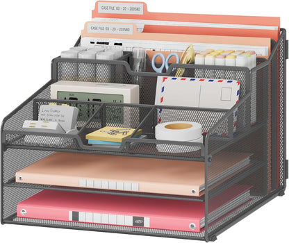 Desk Organizer - Metal Mesh with 2 Paper Letter Trays, 7 Flexible Dividers, 2 Vertical File Holders for Office/Home/Classroom Supplies, Desk Organizers and Accessories, Black