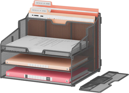 Desk Organizer - Metal Mesh with 2 Paper Letter Trays, 7 Flexible Dividers, 2 Vertical File Holders for Office/Home/Classroom Supplies, Desk Organizers and Accessories, Black
