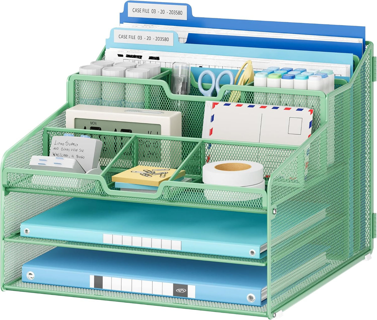 Desk Organizer - Metal Mesh with 2 Paper Letter Trays, 7 Flexible Dividers, 2 Vertical File Holders for Office/Home/Classroom Supplies, Desk Organizers and Accessories, Black