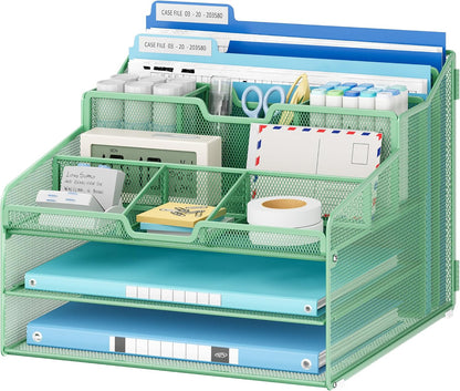 Desk Organizer - Metal Mesh with 2 Paper Letter Trays, 7 Flexible Dividers, 2 Vertical File Holders for Office/Home/Classroom Supplies, Desk Organizers and Accessories, Black