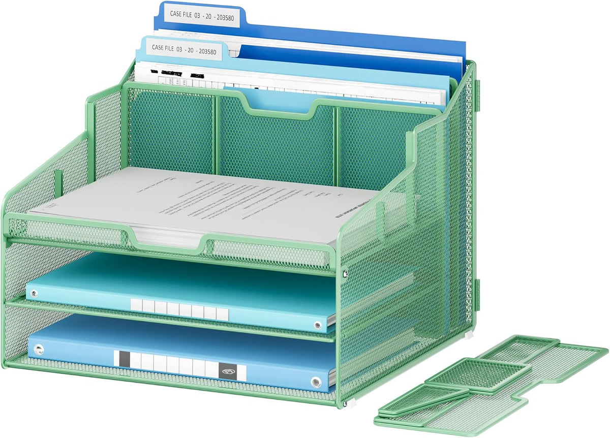 Desk Organizer - Metal Mesh with 2 Paper Letter Trays, 7 Flexible Dividers, 2 Vertical File Holders for Office/Home/Classroom Supplies, Desk Organizers and Accessories, Black