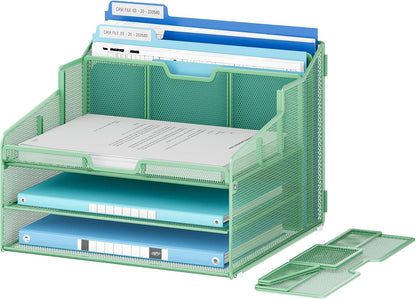Desk Organizer - Metal Mesh with 2 Paper Letter Trays, 7 Flexible Dividers, 2 Vertical File Holders for Office/Home/Classroom Supplies, Desk Organizers and Accessories, Black