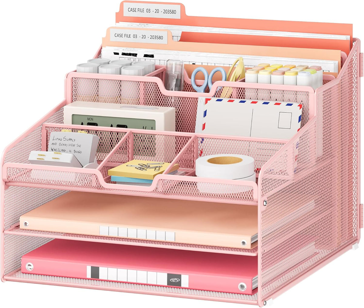 Desk Organizer - Metal Mesh with 2 Paper Letter Trays, 7 Flexible Dividers, 2 Vertical File Holders for Office/Home/Classroom Supplies, Desk Organizers and Accessories, Black