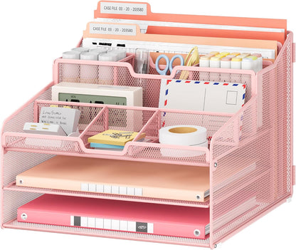 Desk Organizer - Metal Mesh with 2 Paper Letter Trays, 7 Flexible Dividers, 2 Vertical File Holders for Office/Home/Classroom Supplies, Desk Organizers and Accessories, Black