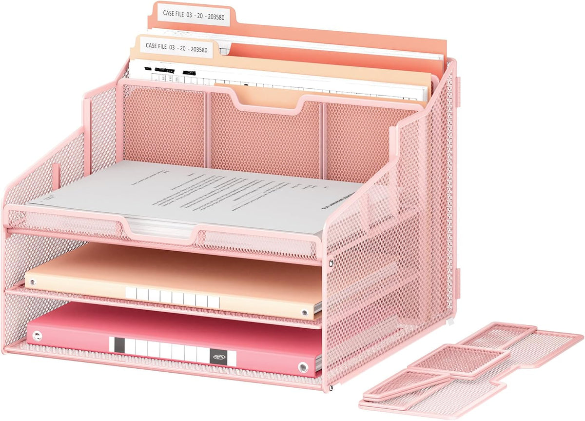 Desk Organizer - Metal Mesh with 2 Paper Letter Trays, 7 Flexible Dividers, 2 Vertical File Holders for Office/Home/Classroom Supplies, Desk Organizers and Accessories, Black