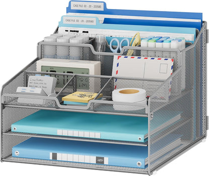 Desk Organizer - Metal Mesh with 2 Paper Letter Trays, 7 Flexible Dividers, 2 Vertical File Holders for Office/Home/Classroom Supplies, Desk Organizers and Accessories, Black