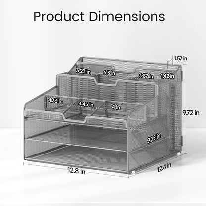 Desk Organizer - Metal Mesh with 2 Paper Letter Trays, 7 Flexible Dividers, 2 Vertical File Holders for Office/Home/Classroom Supplies, Desk Organizers and Accessories, Black