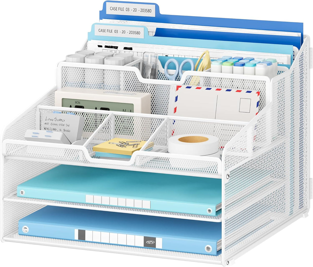 Desk Organizer - Metal Mesh with 2 Paper Letter Trays, 7 Flexible Dividers, 2 Vertical File Holders for Office/Home/Classroom Supplies, Desk Organizers and Accessories, Black
