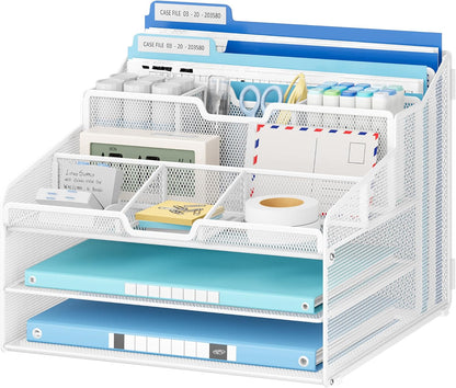 Desk Organizer - Metal Mesh with 2 Paper Letter Trays, 7 Flexible Dividers, 2 Vertical File Holders for Office/Home/Classroom Supplies, Desk Organizers and Accessories, Black