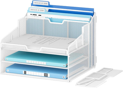 Desk Organizer - Metal Mesh with 2 Paper Letter Trays, 7 Flexible Dividers, 2 Vertical File Holders for Office/Home/Classroom Supplies, Desk Organizers and Accessories, Black