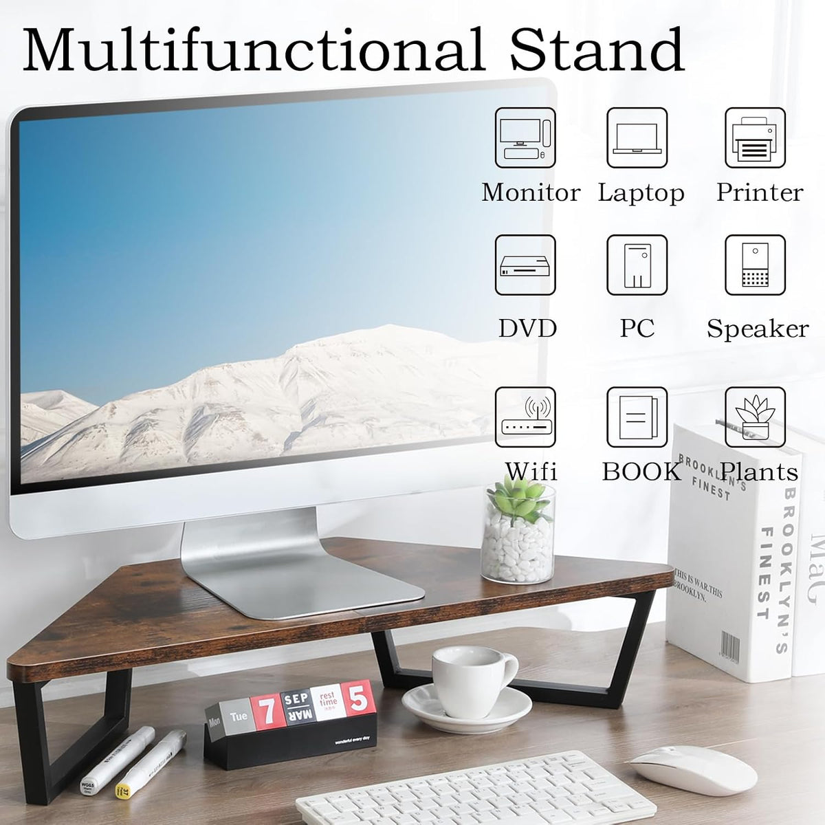 26 inch Corner Monitor Stand Riser with Keyboard Storage, Espresso