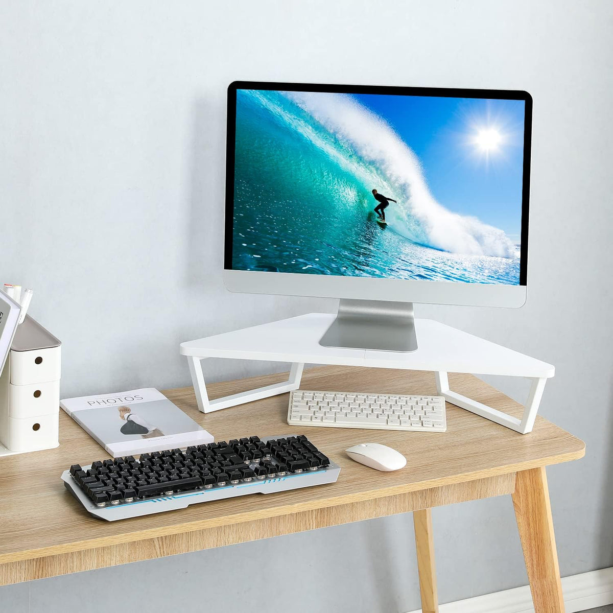 26 inch Corner Monitor Stand Riser with Keyboard Storage, Espresso