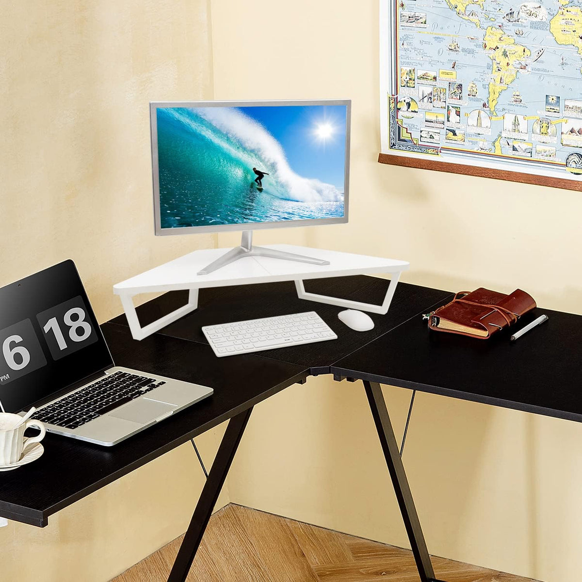 26 inch Corner Monitor Stand Riser with Keyboard Storage, Espresso
