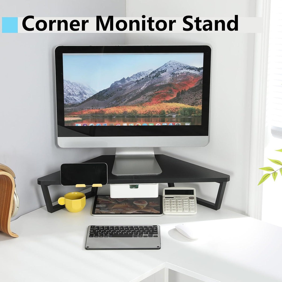 26 inch Corner Monitor Stand Riser with Keyboard Storage, Espresso