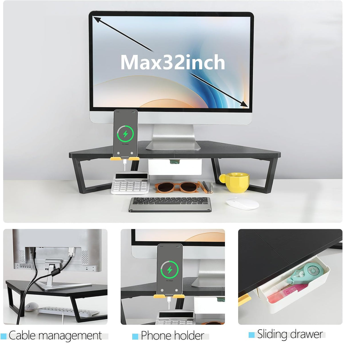 26 inch Corner Monitor Stand Riser with Keyboard Storage, Espresso