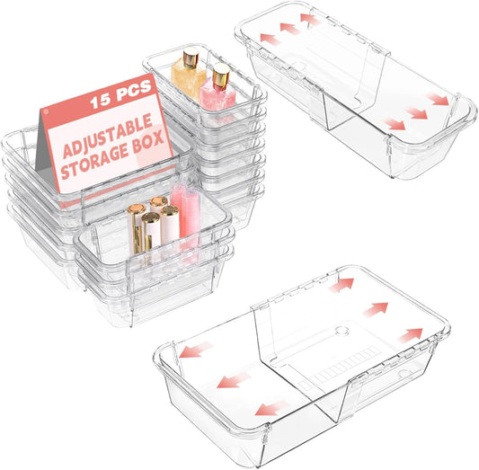 15 Pcs Expandable Drawer Organizer, All Adjustable Storage Box, Clear