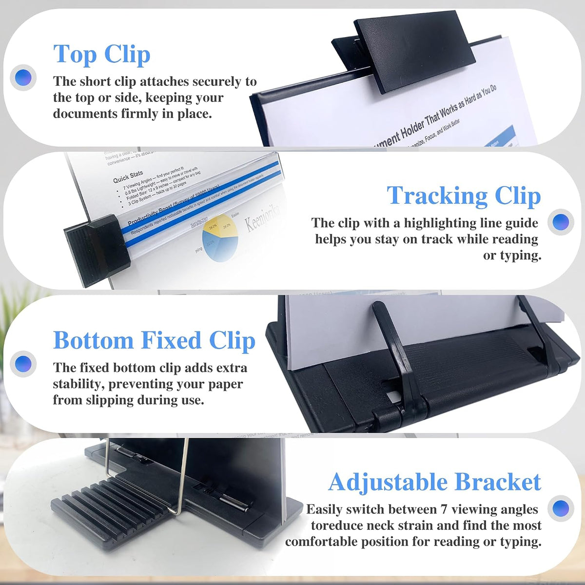 Desktop Document Book Holder with 7 Adjustable Positions, Black Document Holder for Desk, Paper Holder Copy Stand Holder for Speech, Paper Holder Stand for Desk Typing, Angle Adjustable