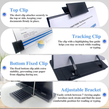 Desktop Document Book Holder with 7 Adjustable Positions, Black Document Holder for Desk, Paper Holder Copy Stand Holder for Speech, Paper Holder Stand for Desk Typing, Angle Adjustable