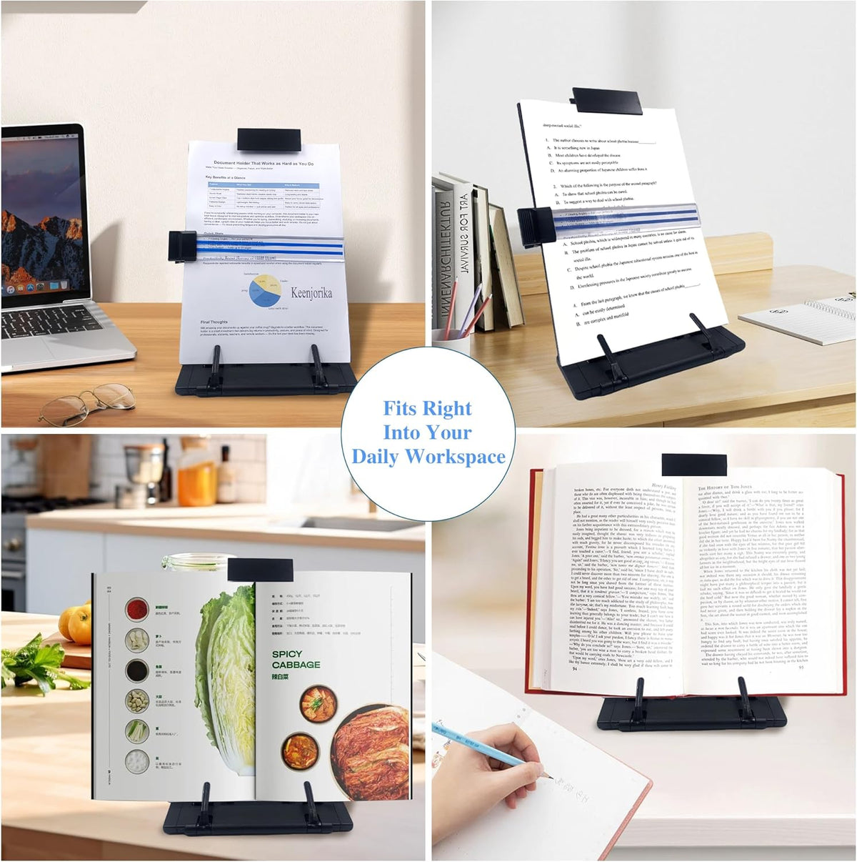 Desktop Document Book Holder with 7 Adjustable Positions, Black Document Holder for Desk, Paper Holder Copy Stand Holder for Speech, Paper Holder Stand for Desk Typing, Angle Adjustable