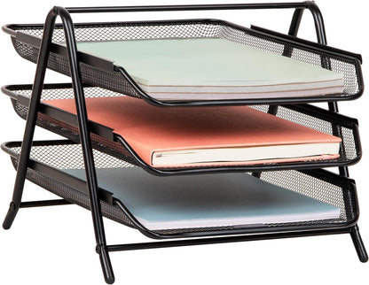 3-Tier Paper Tray, Desktop Organizer, File Storage, Workspace, Office, Metal Mesh, 11.75"L x 13.75"W x 10"H, Black