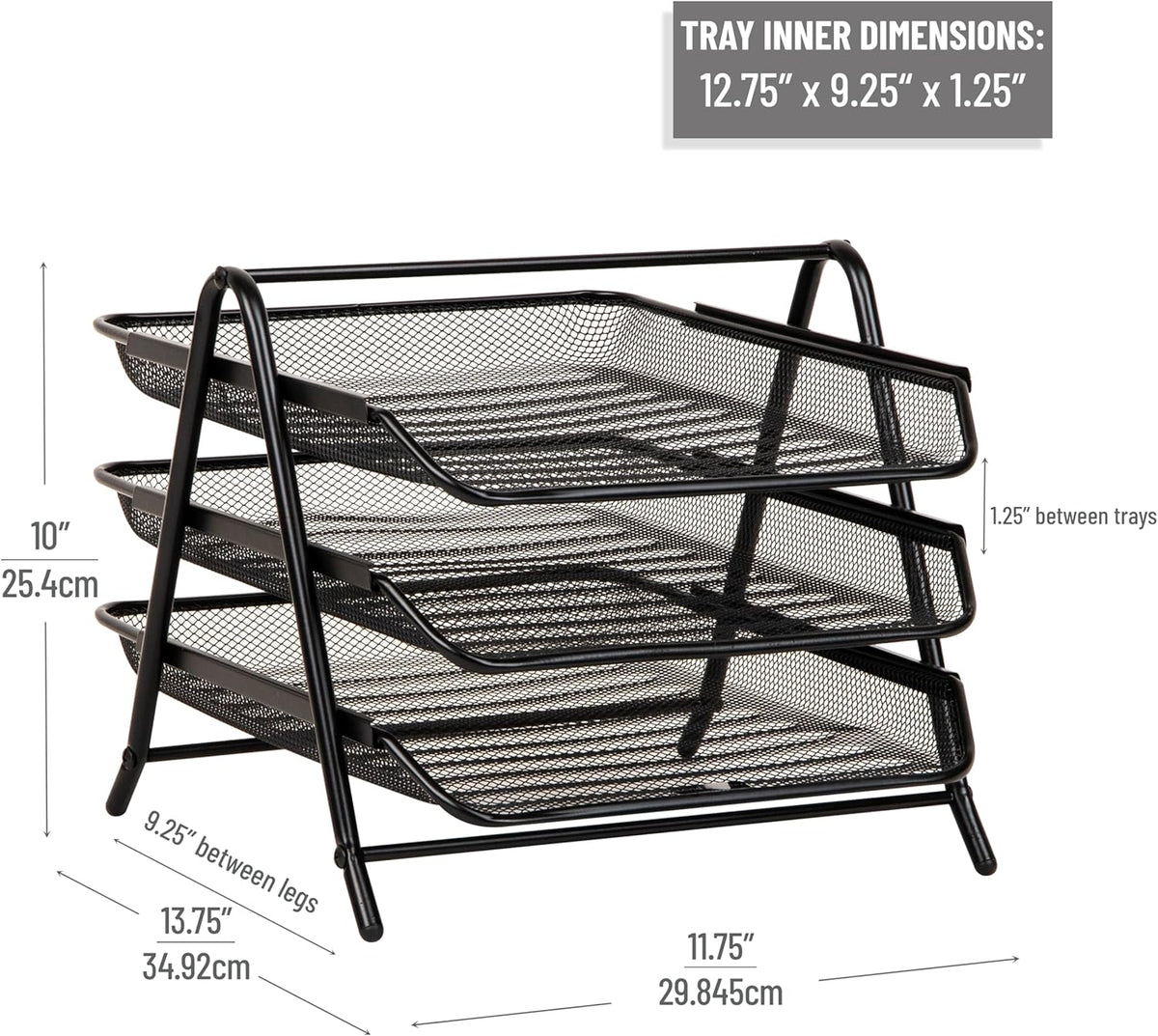 3-Tier Paper Tray, Desktop Organizer, File Storage, Workspace, Office, Metal Mesh, 11.75"L x 13.75"W x 10"H, Black