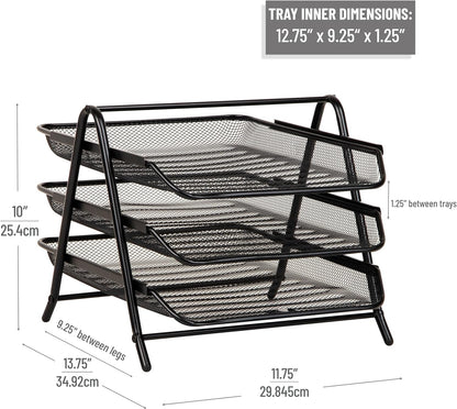 3-Tier Paper Tray, Desktop Organizer, File Storage, Workspace, Office, Metal Mesh, 11.75"L x 13.75"W x 10"H, Black