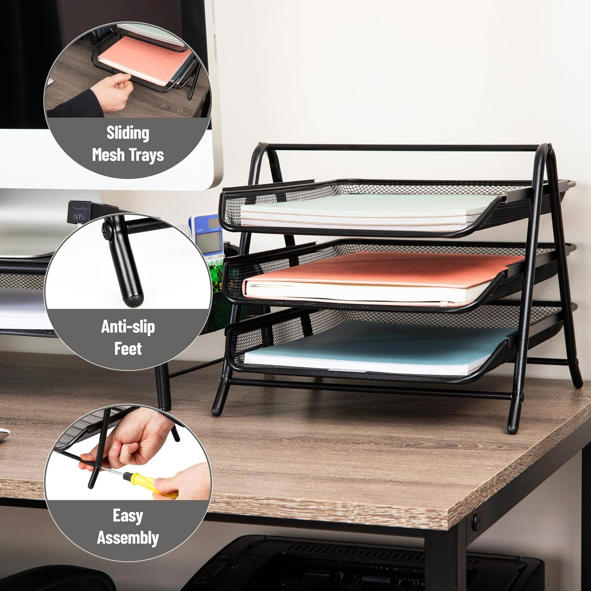 3-Tier Paper Tray, Desktop Organizer, File Storage, Workspace, Office, Metal Mesh, 11.75"L x 13.75"W x 10"H, Black