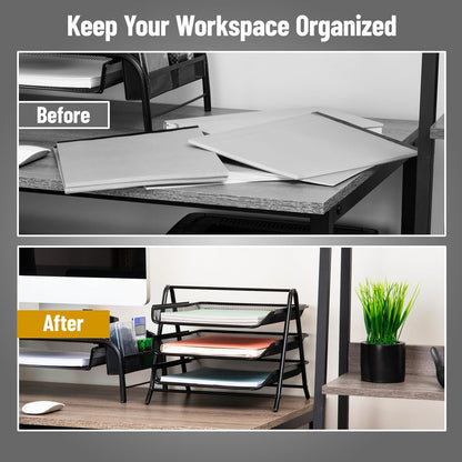 3-Tier Paper Tray, Desktop Organizer, File Storage, Workspace, Office, Metal Mesh, 11.75"L x 13.75"W x 10"H, Black