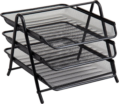 3-Tier Paper Tray, Desktop Organizer, File Storage, Workspace, Office, Metal Mesh, 11.75"L x 13.75"W x 10"H, Black