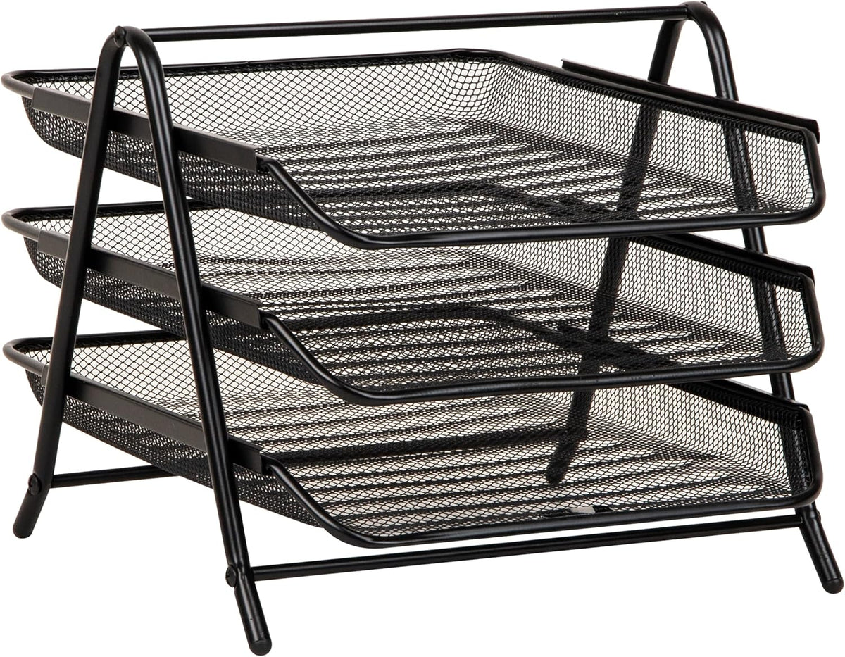 3-Tier Paper Tray, Desktop Organizer, File Storage, Workspace, Office, Metal Mesh, 11.75"L x 13.75"W x 10"H, Black