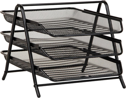 3-Tier Paper Tray, Desktop Organizer, File Storage, Workspace, Office, Metal Mesh, 11.75"L x 13.75"W x 10"H, Black