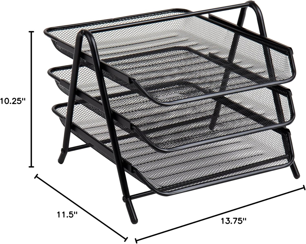 3-Tier Paper Tray, Desktop Organizer, File Storage, Workspace, Office, Metal Mesh, 11.75"L x 13.75"W x 10"H, Black