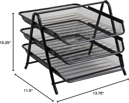 3-Tier Paper Tray, Desktop Organizer, File Storage, Workspace, Office, Metal Mesh, 11.75"L x 13.75"W x 10"H, Black