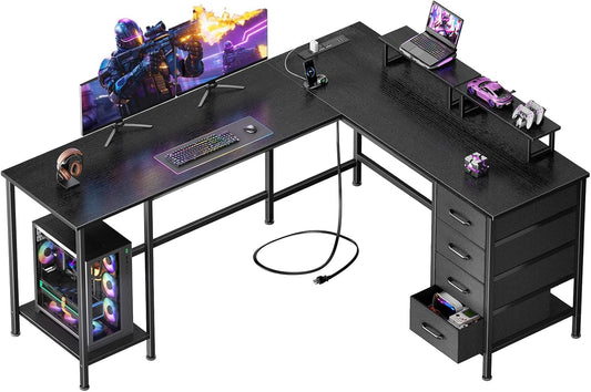59 inch L Shaped Computer Desk with Power Outlets, Black