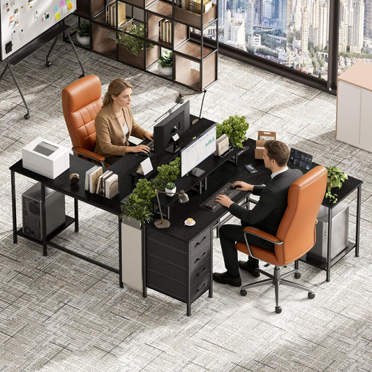 59 inch L Shaped Computer Desk with Power Outlets, Black