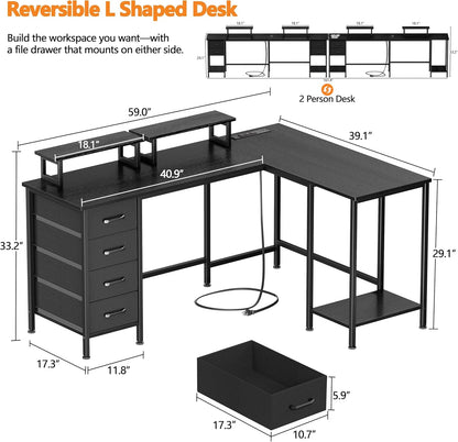 59 inch L Shaped Computer Desk with Power Outlets, Black