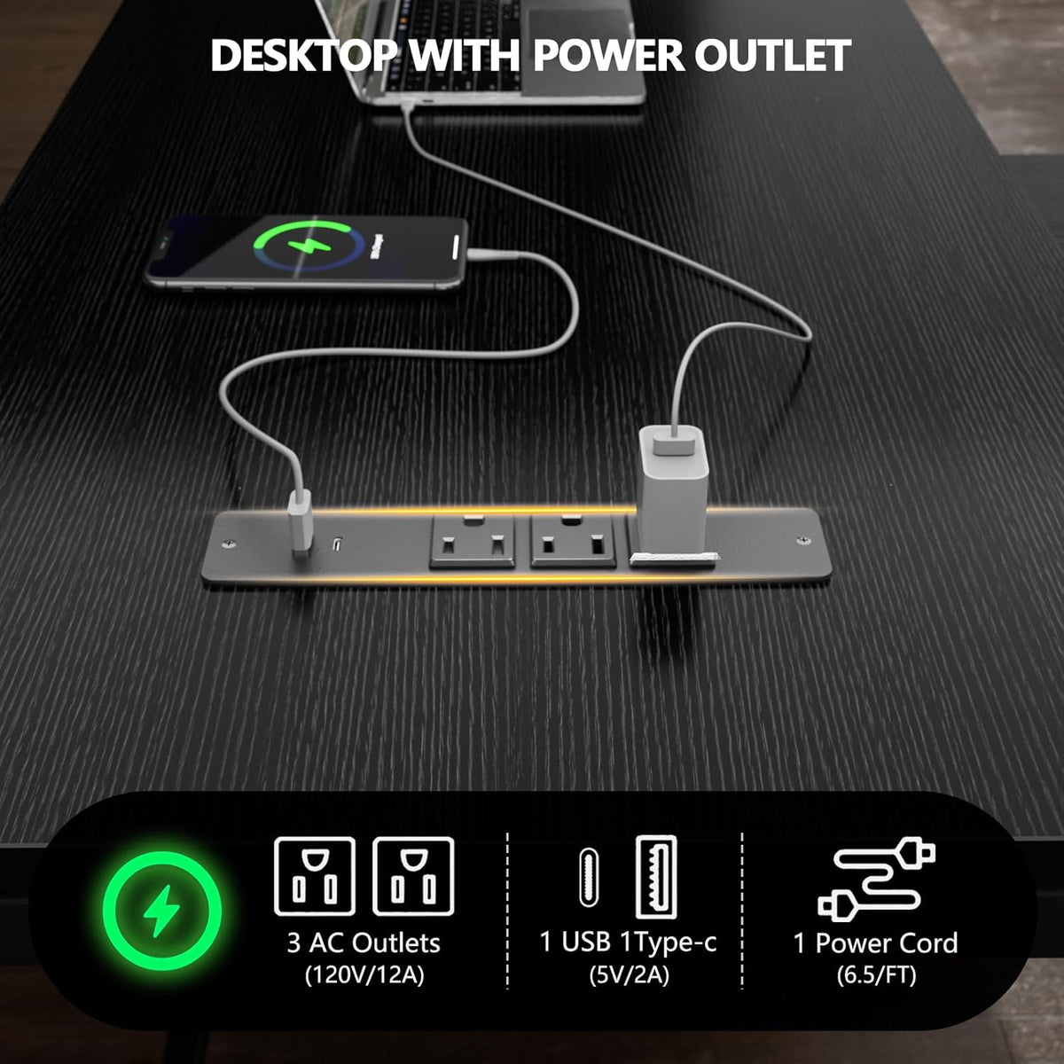 59 inch L Shaped Computer Desk with Power Outlets, Black