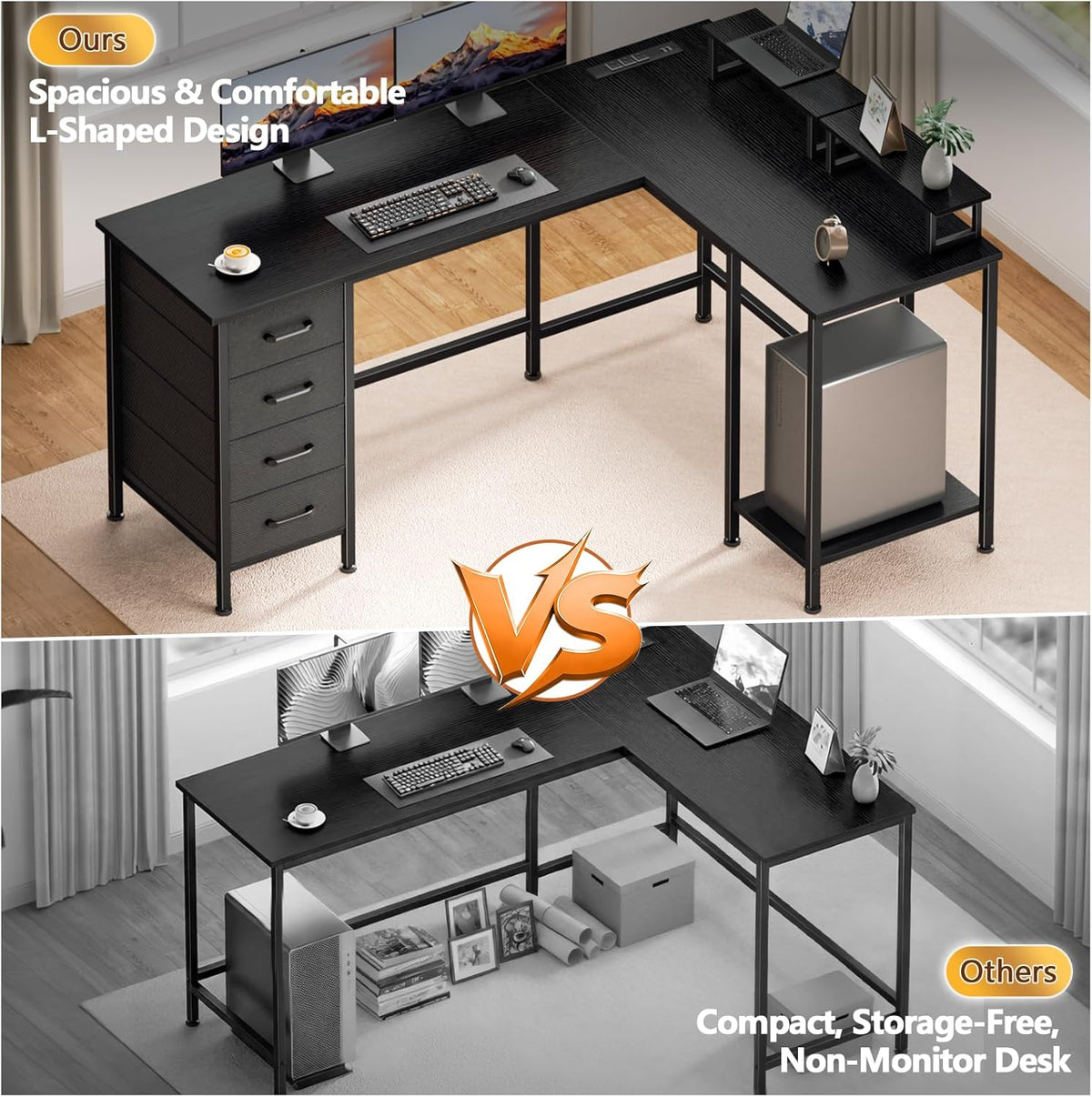 59 inch L Shaped Computer Desk with Power Outlets, Black