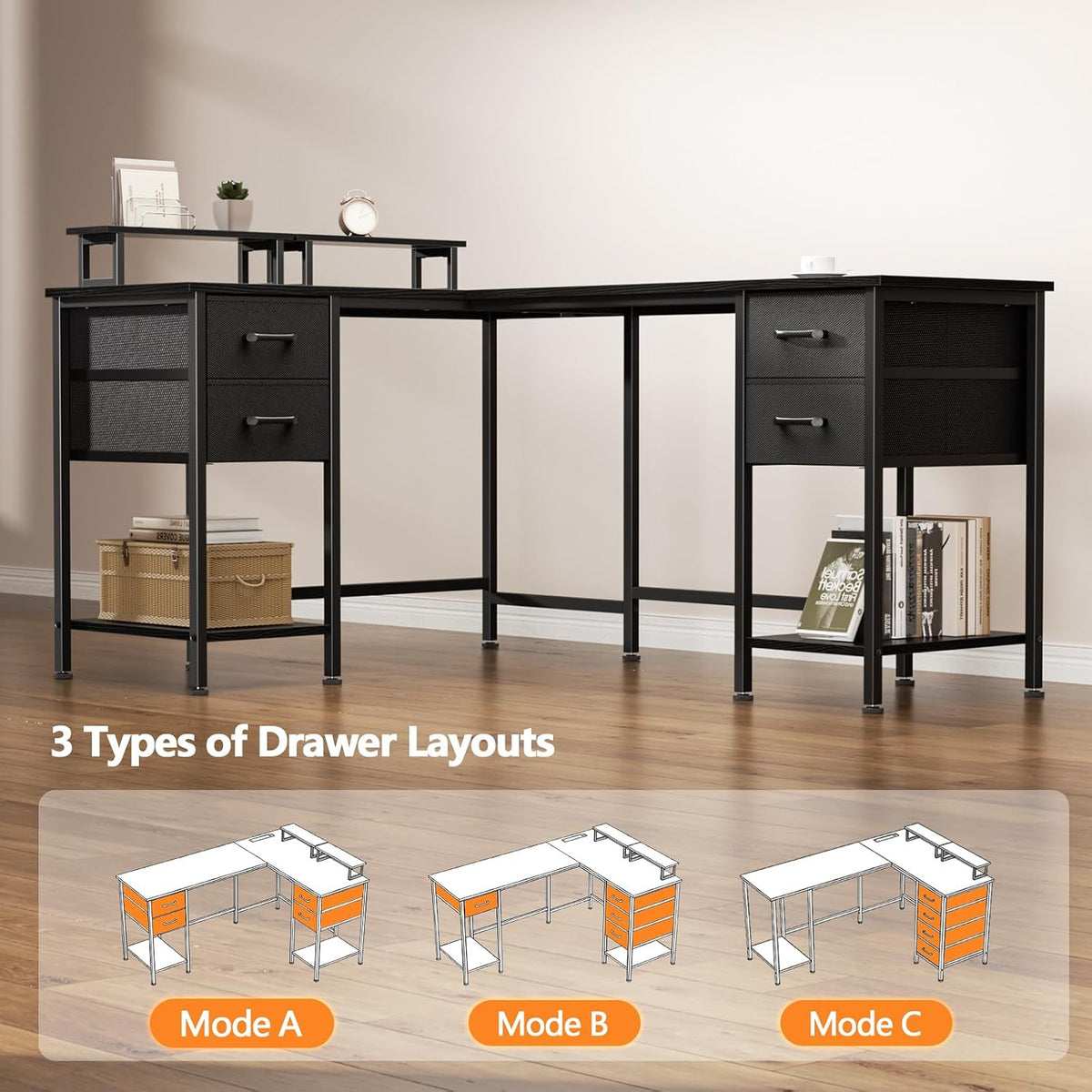 59 inch L Shaped Computer Desk with Power Outlets, Black
