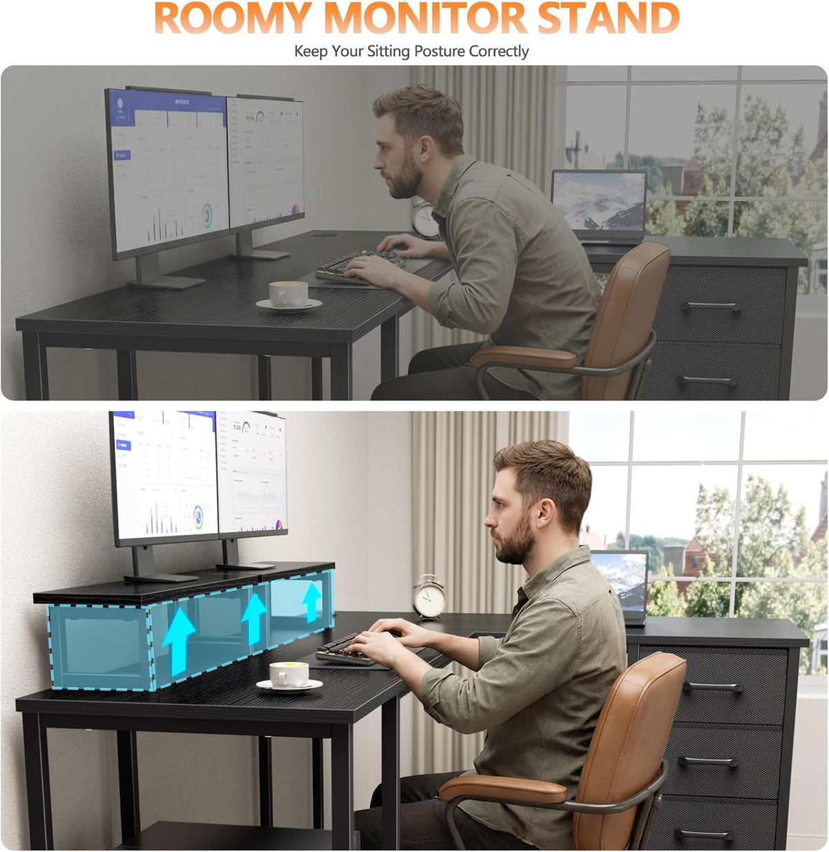 59 inch L Shaped Computer Desk with Power Outlets, Black