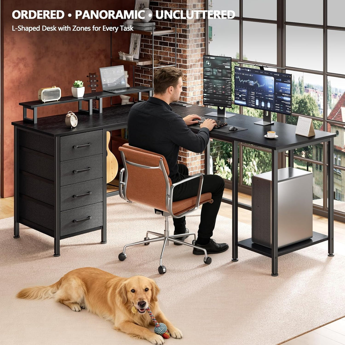 59 inch L Shaped Computer Desk with Power Outlets, Black
