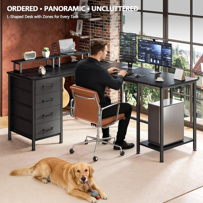 59 inch L Shaped Computer Desk with Power Outlets, Black