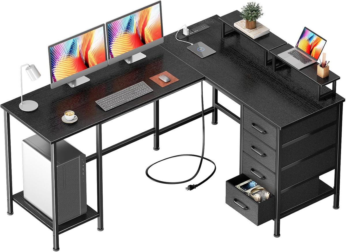 59 inch L Shaped Computer Desk with Power Outlets, Black