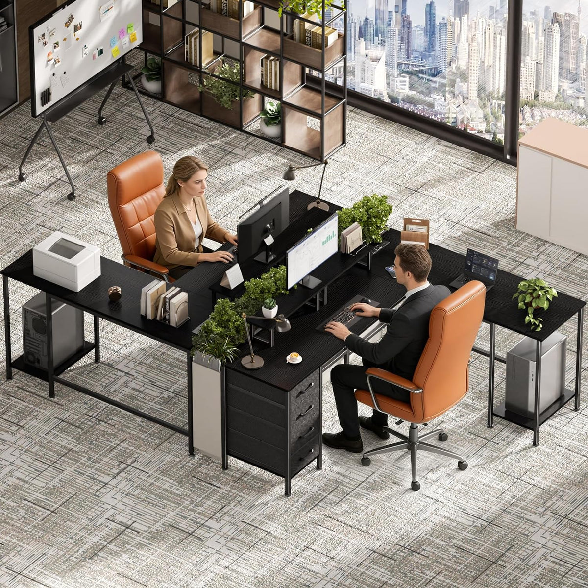 59 inch L Shaped Computer Desk with Power Outlets, Black