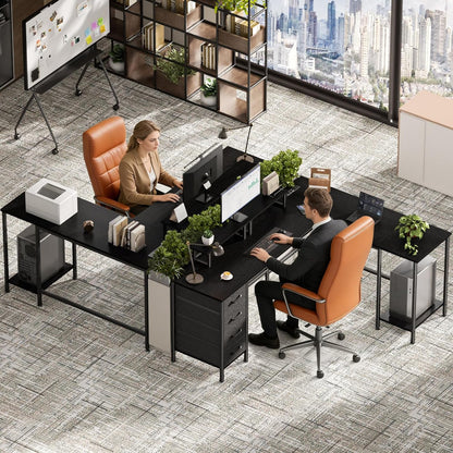 59 inch L Shaped Computer Desk with Power Outlets, Black