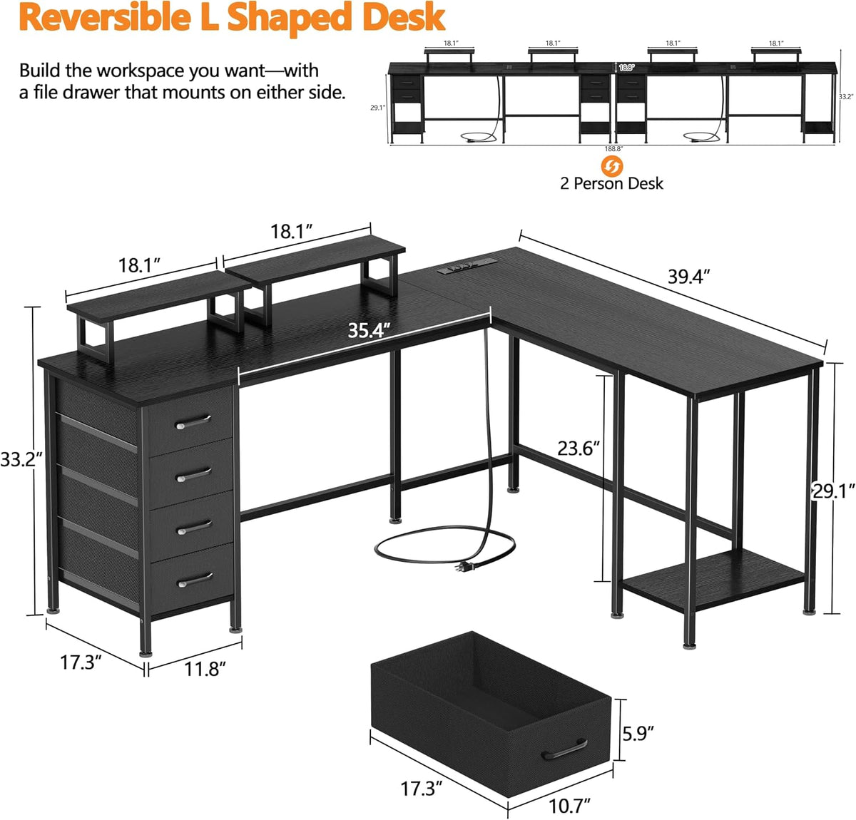 59 inch L Shaped Computer Desk with Power Outlets, Black