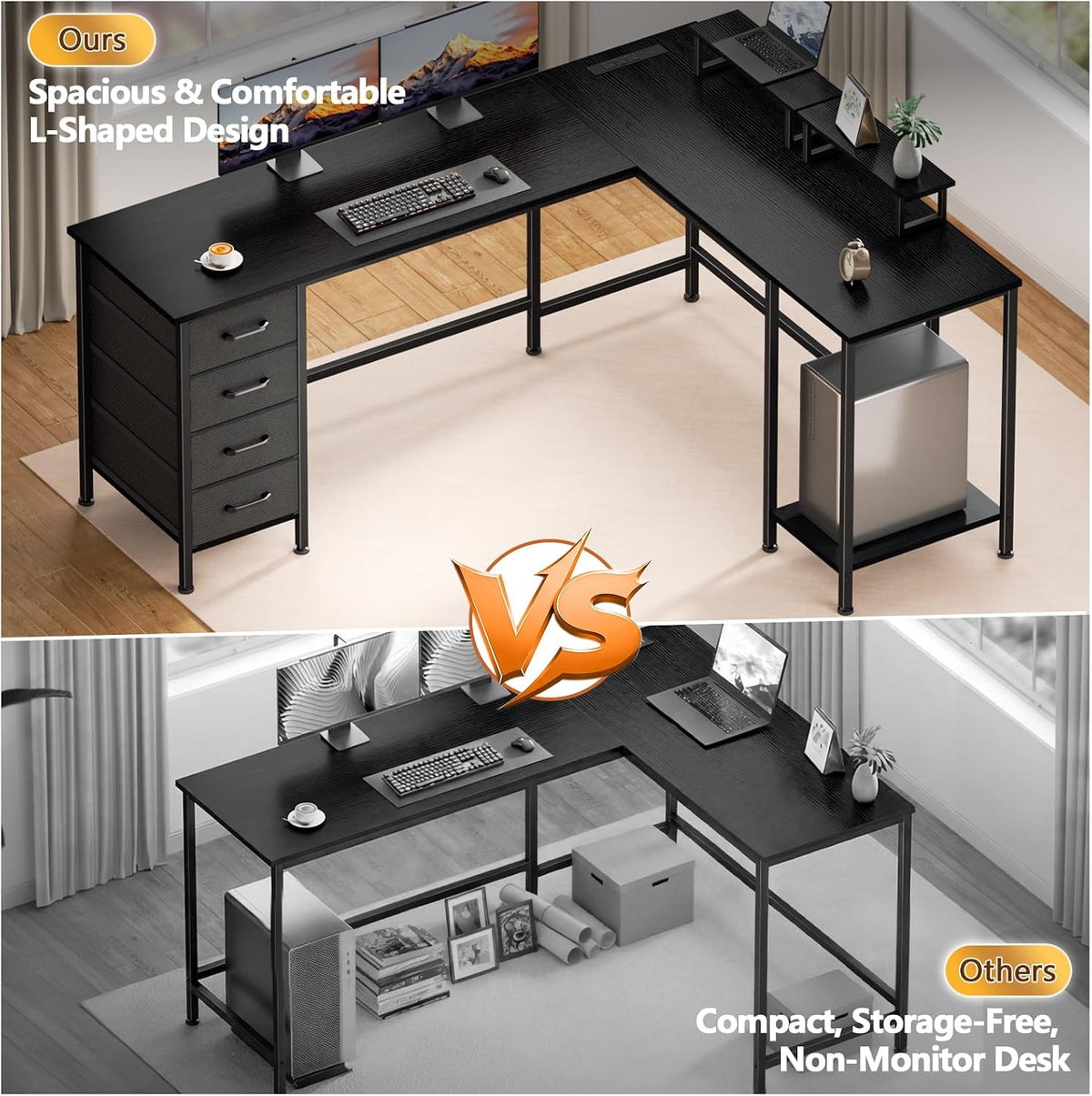 59 inch L Shaped Computer Desk with Power Outlets, Black